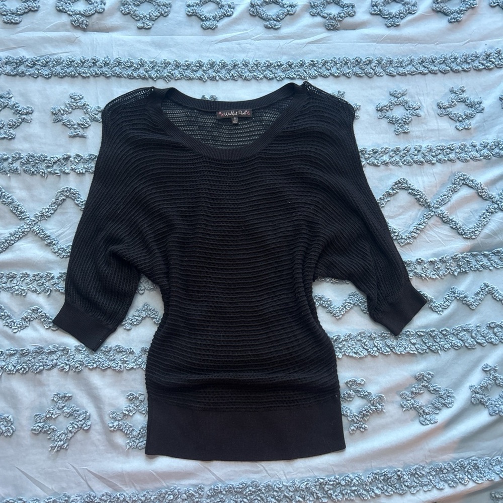 Wishful Park Black Ribbed Scoop-Neck Short Sleeve Sweater